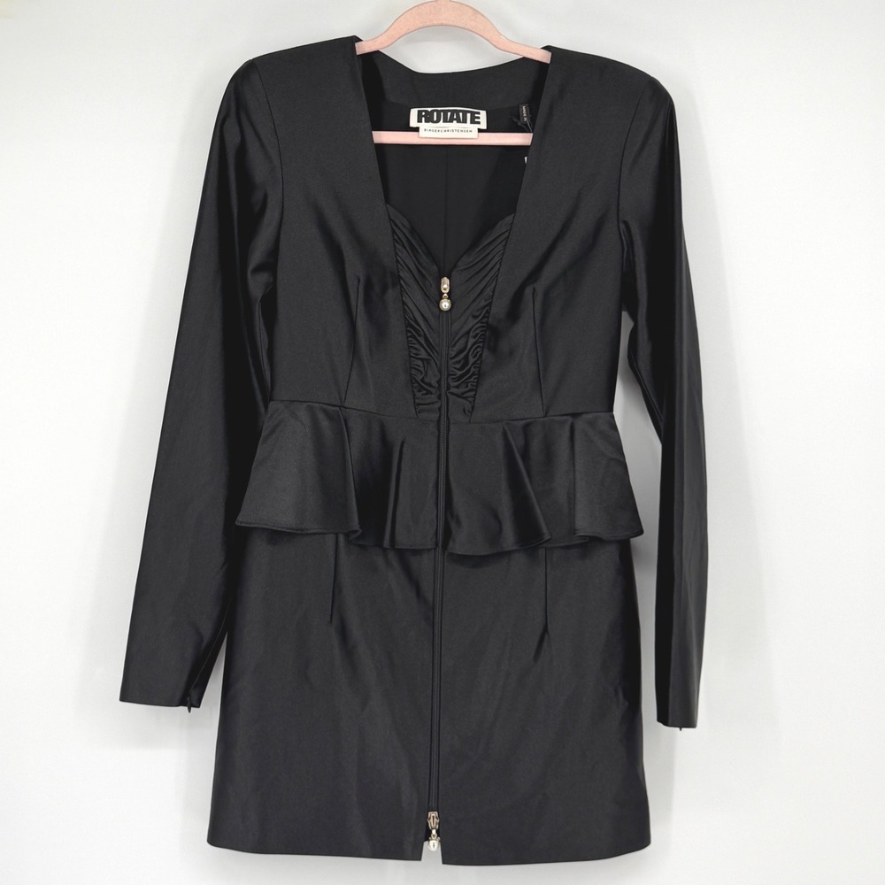 Rotate Birger Christensen Annie Dress Black Peplum Ruched Pearl Zip Mini Size 6